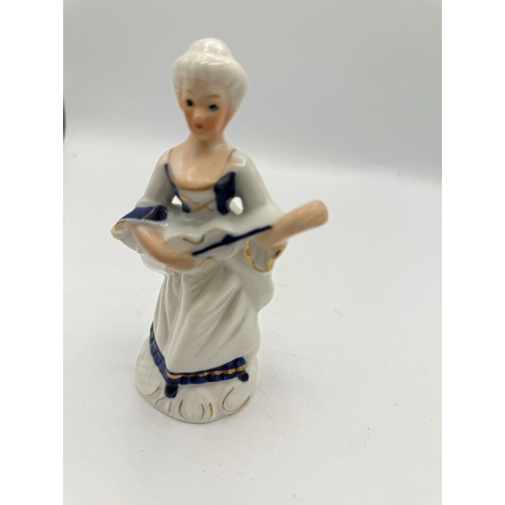 Vintage Porcelain Colonial Lady Figurine White & Blue with Gold Trim – 5”